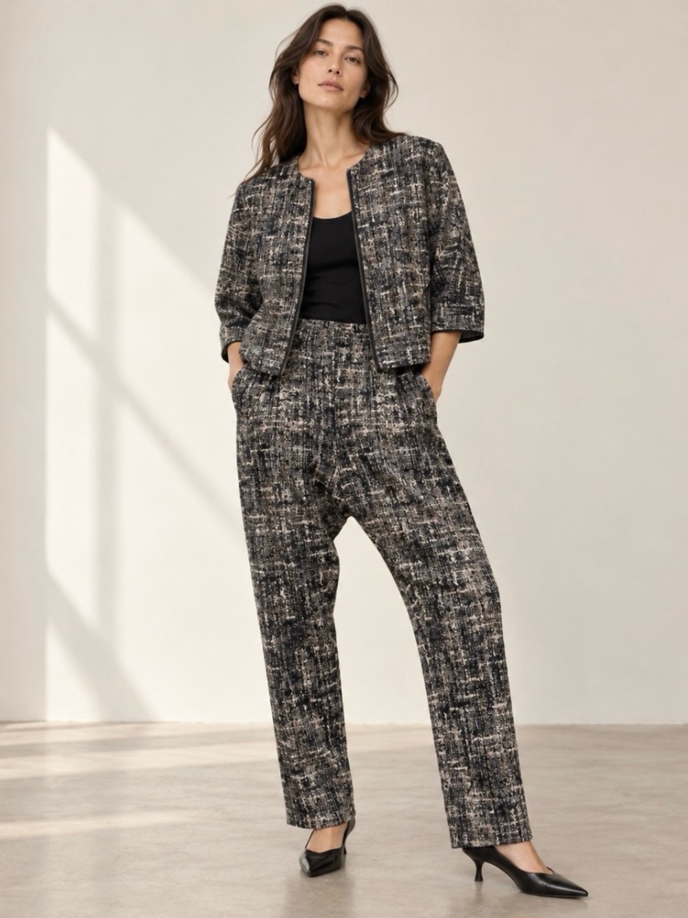 Zero + Maria Cornejo Textured Print Suit Set – Cropped Jacket & Slouchy Pants
